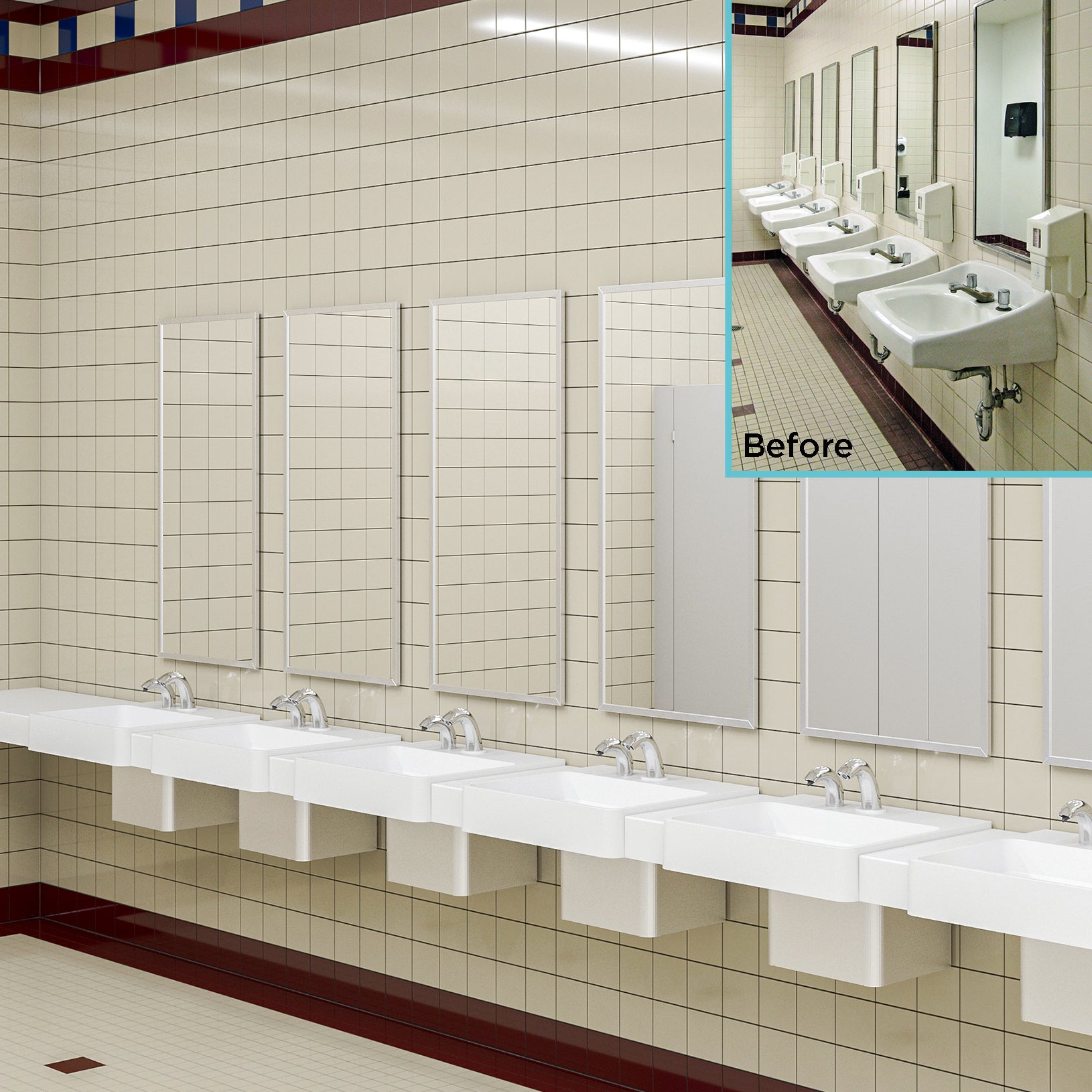 public restroom with multiple modus 25 sinks