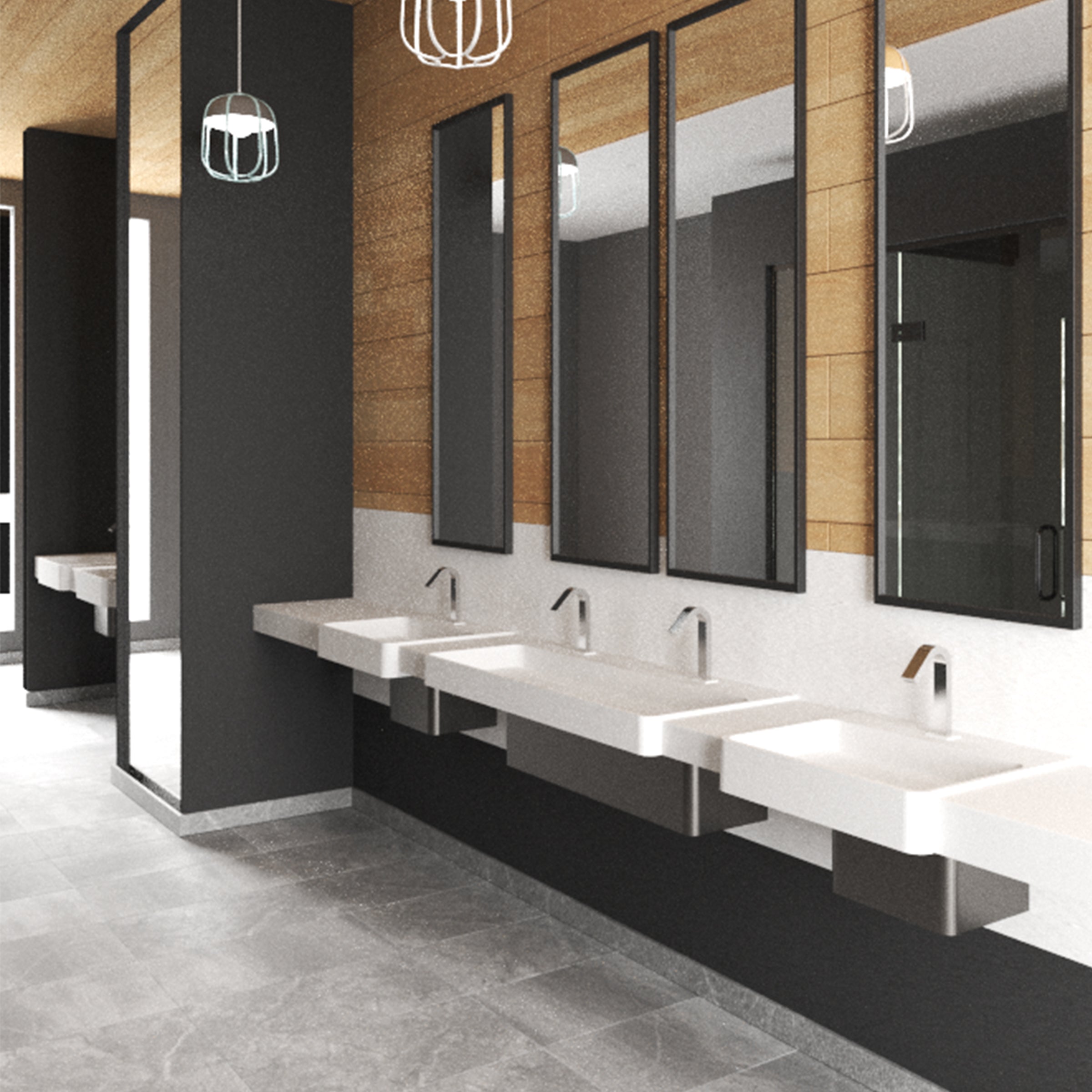 public restroom with modus basins and sensor faucets