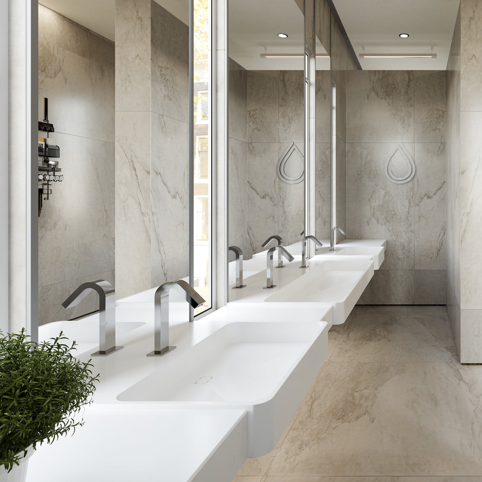 public restroom with two white modus 50 basin with stainless skirt