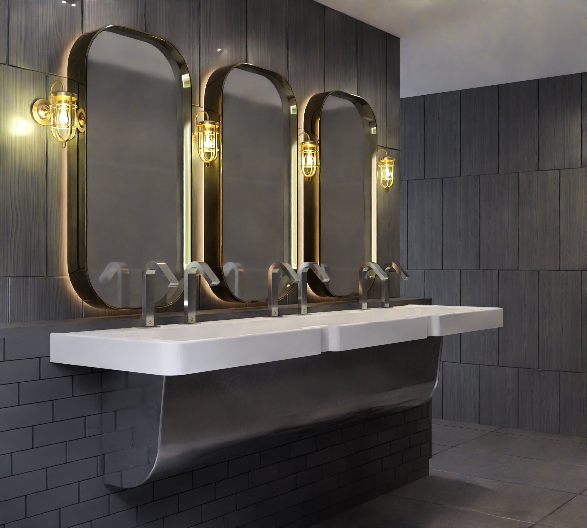 Solid surface 2-user sink with deck mounted faucet and hand dryer