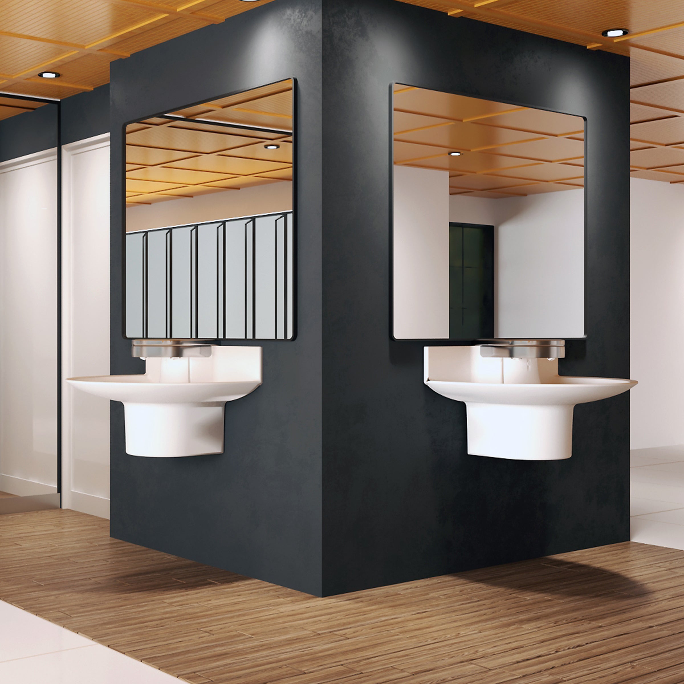 public restroom with two 3-user sanifount washfountains