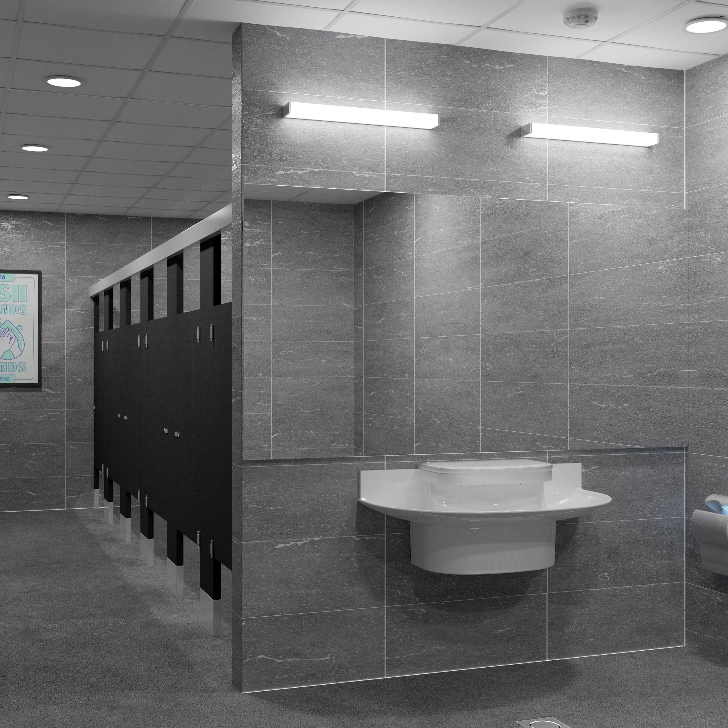 public restroom with 4-user sanifount washfountain