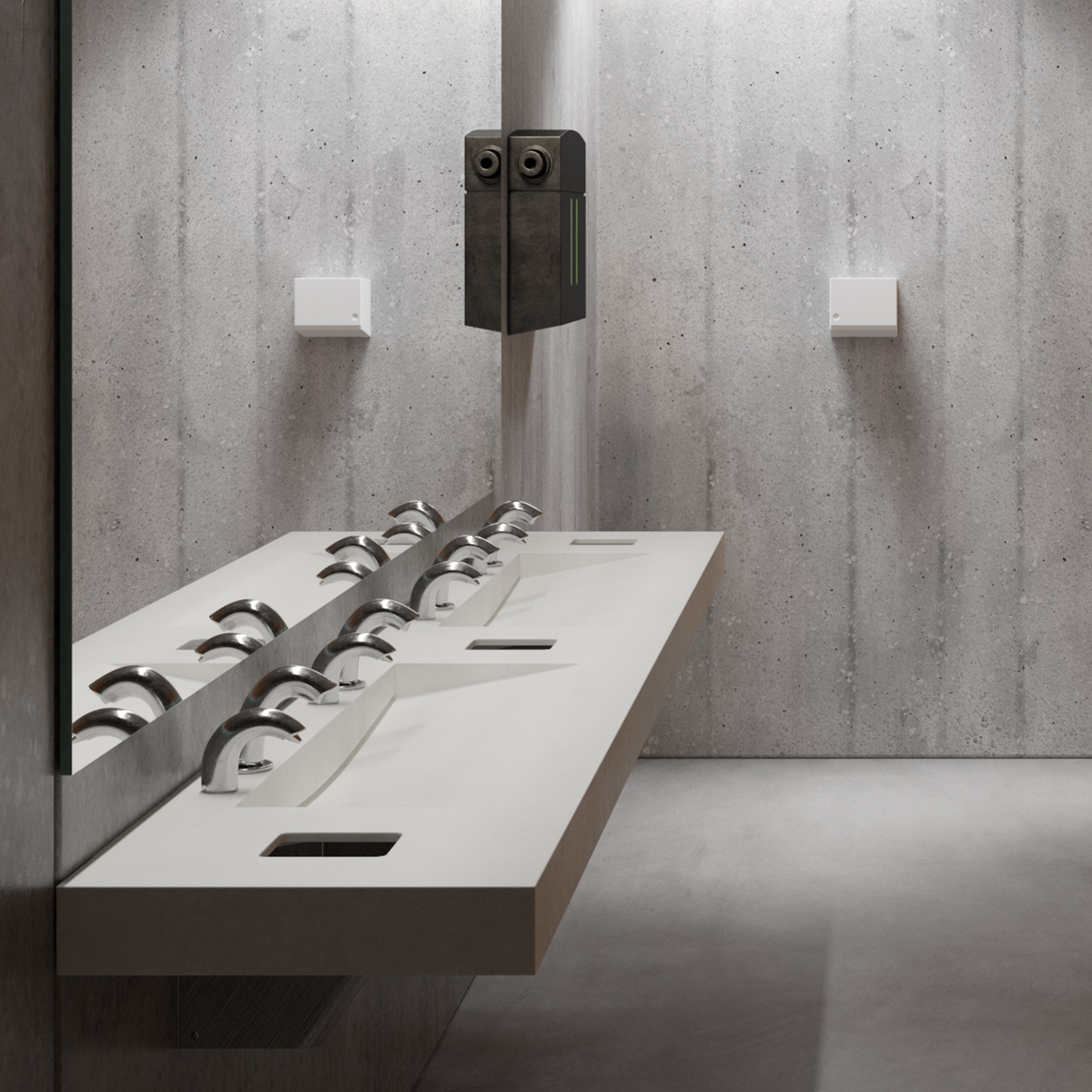 public restroom with two 2-user streamlav view with stainless skirt and sensor faucets