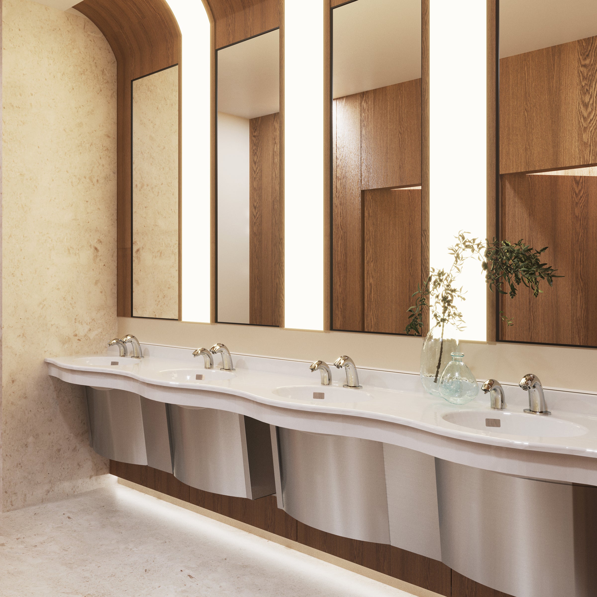 public restroom with two white 2-user solidwave original basin