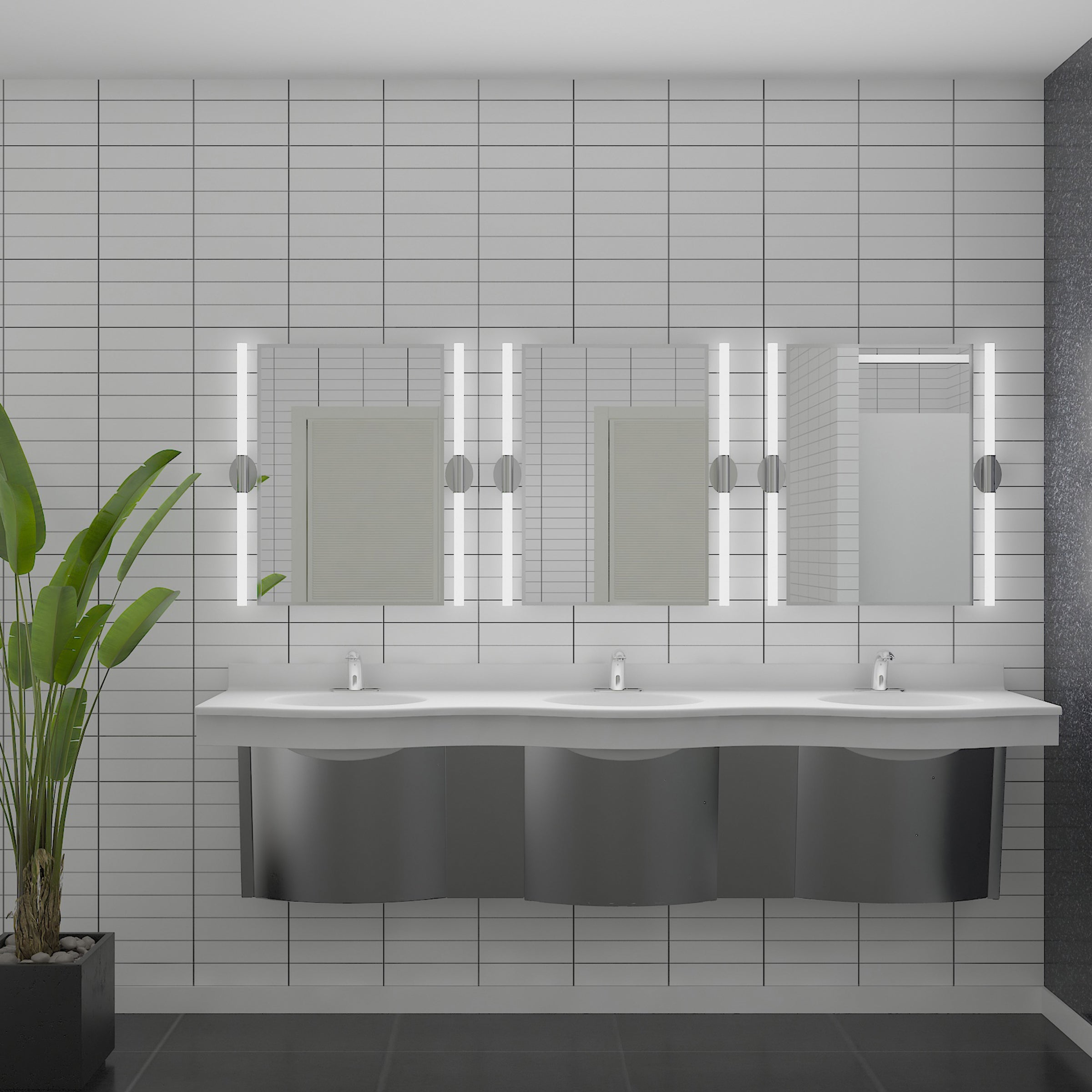 public restroom with white 3-user solidwave original basin