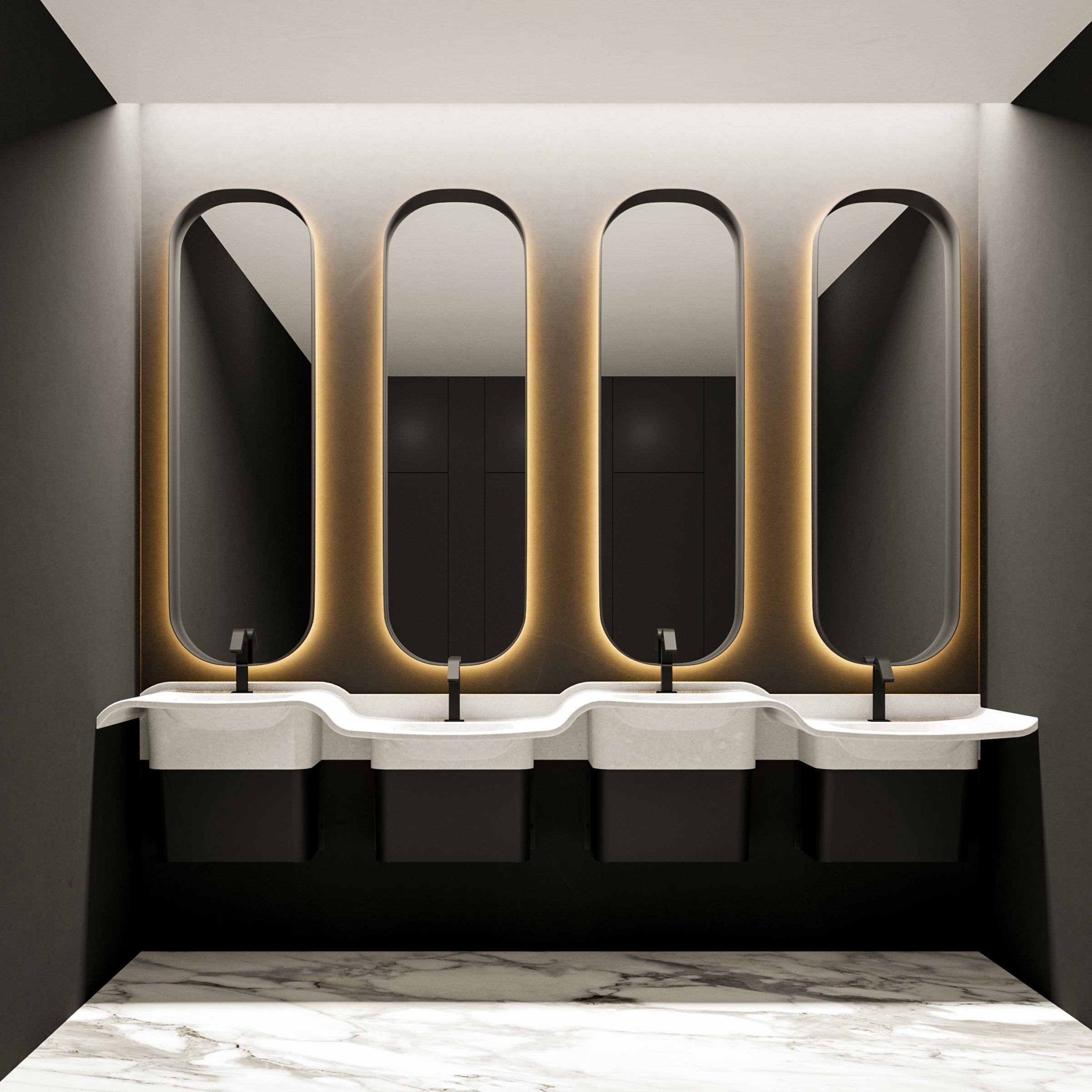 Four-user Solidwave High-Low Solid Surface Handwashing Lavatory with sensor faucets