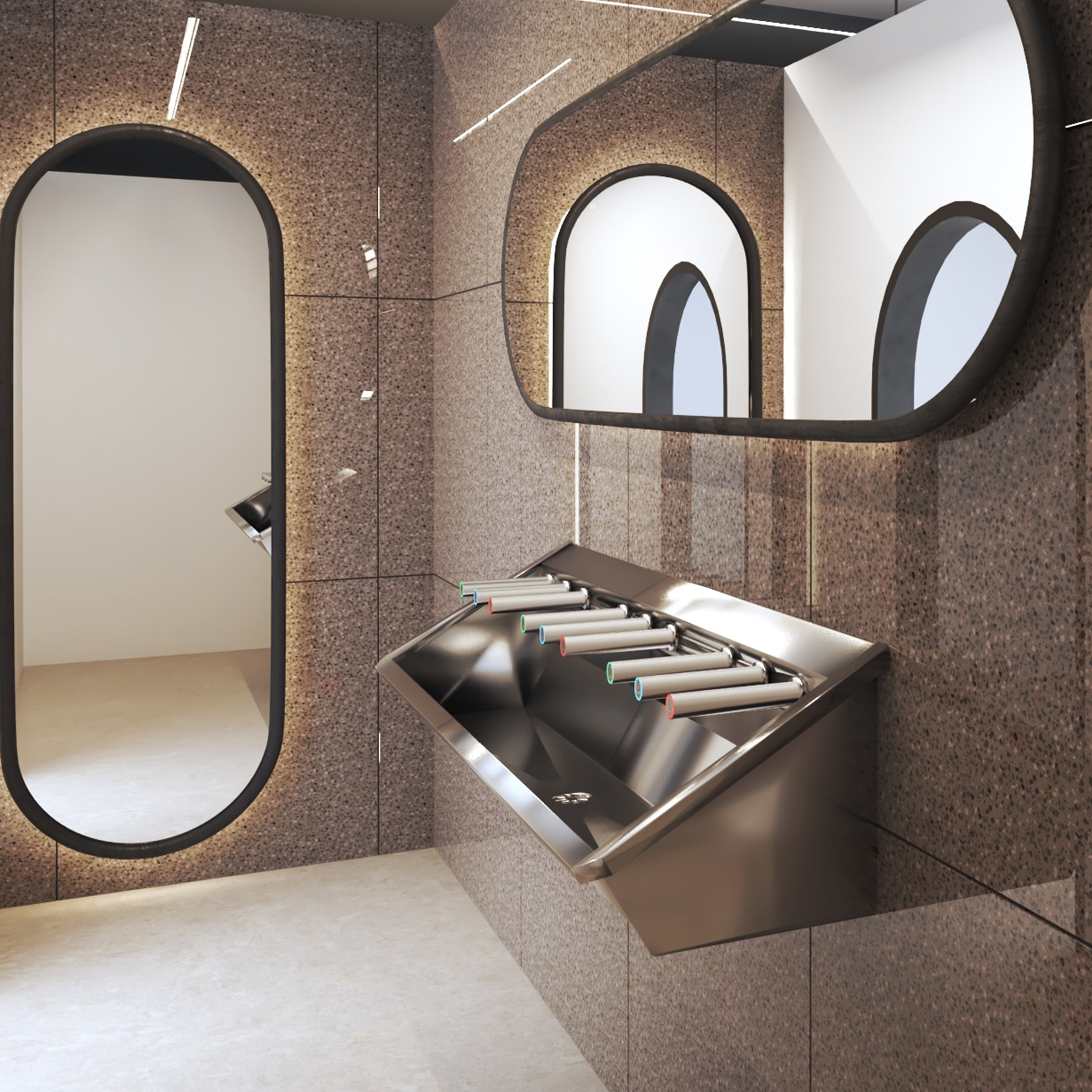 public restroom with series 1 washbasin with trifecta faucets