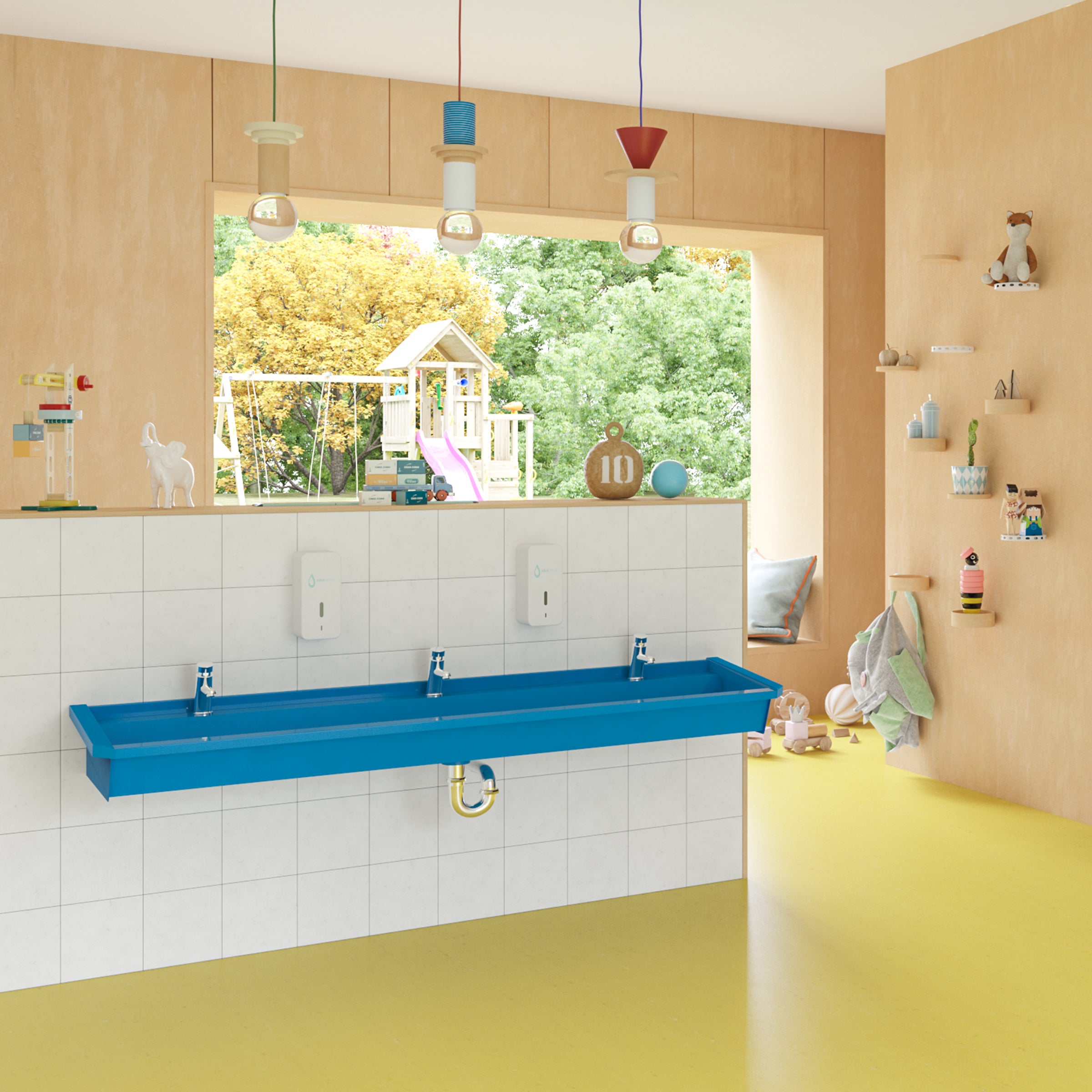 kindergarten room with blue 3-user line 5 stainless steel wash basin with sensor faucets