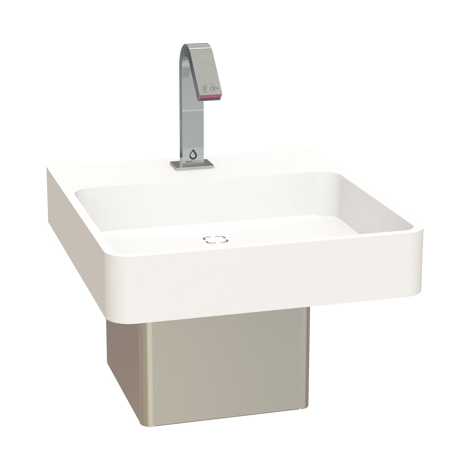 white modus 20 sinks with  stainless skirt and sensor faucet