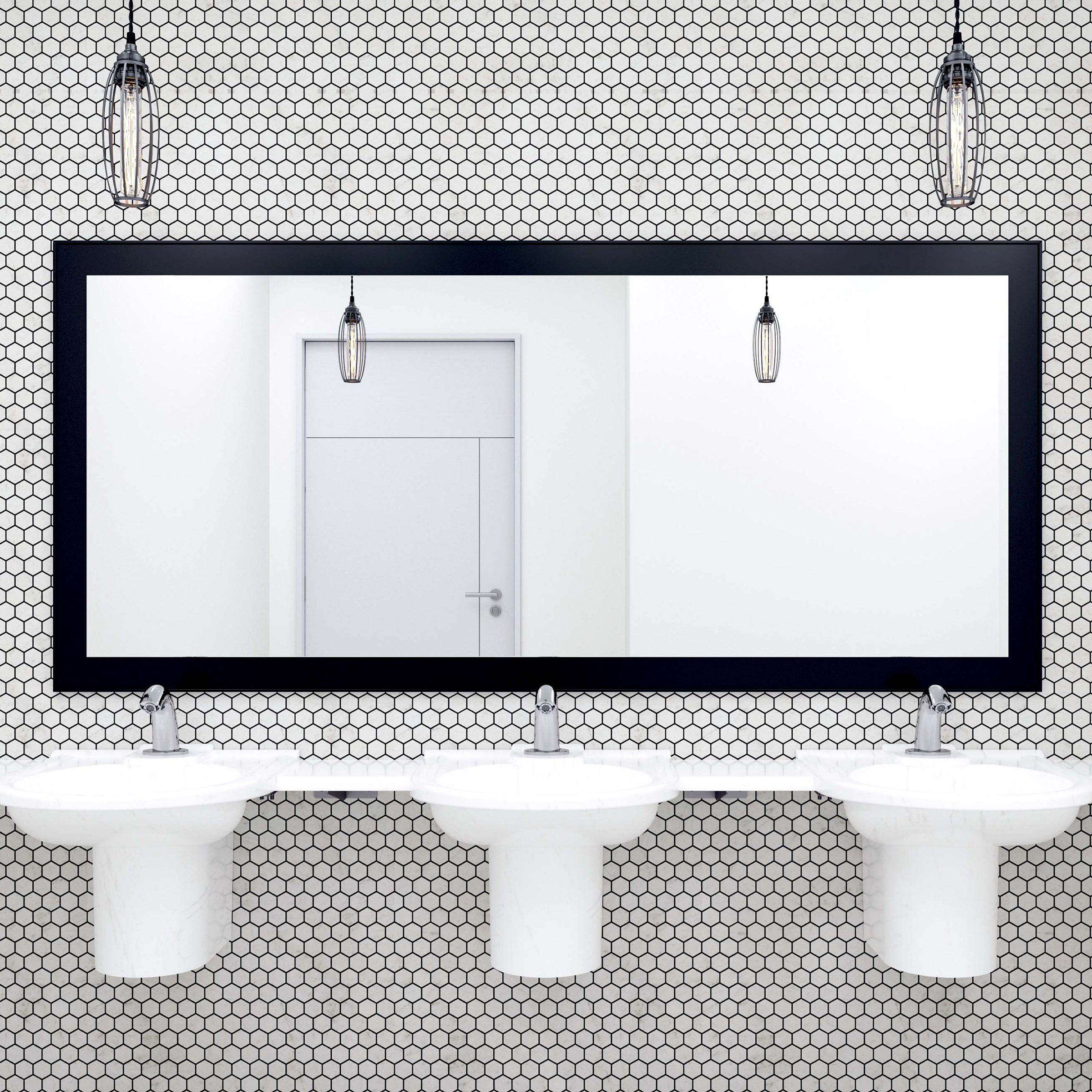 public restroom with three white  saniwave hand wash basins