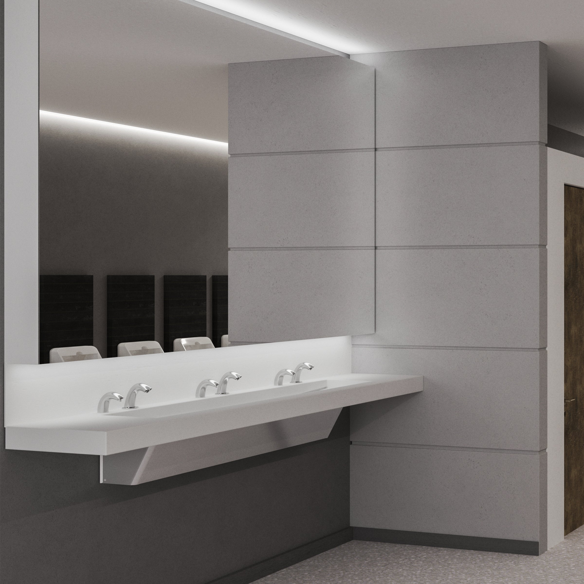 3-user white streamlav view with skirt and sensor faucets
